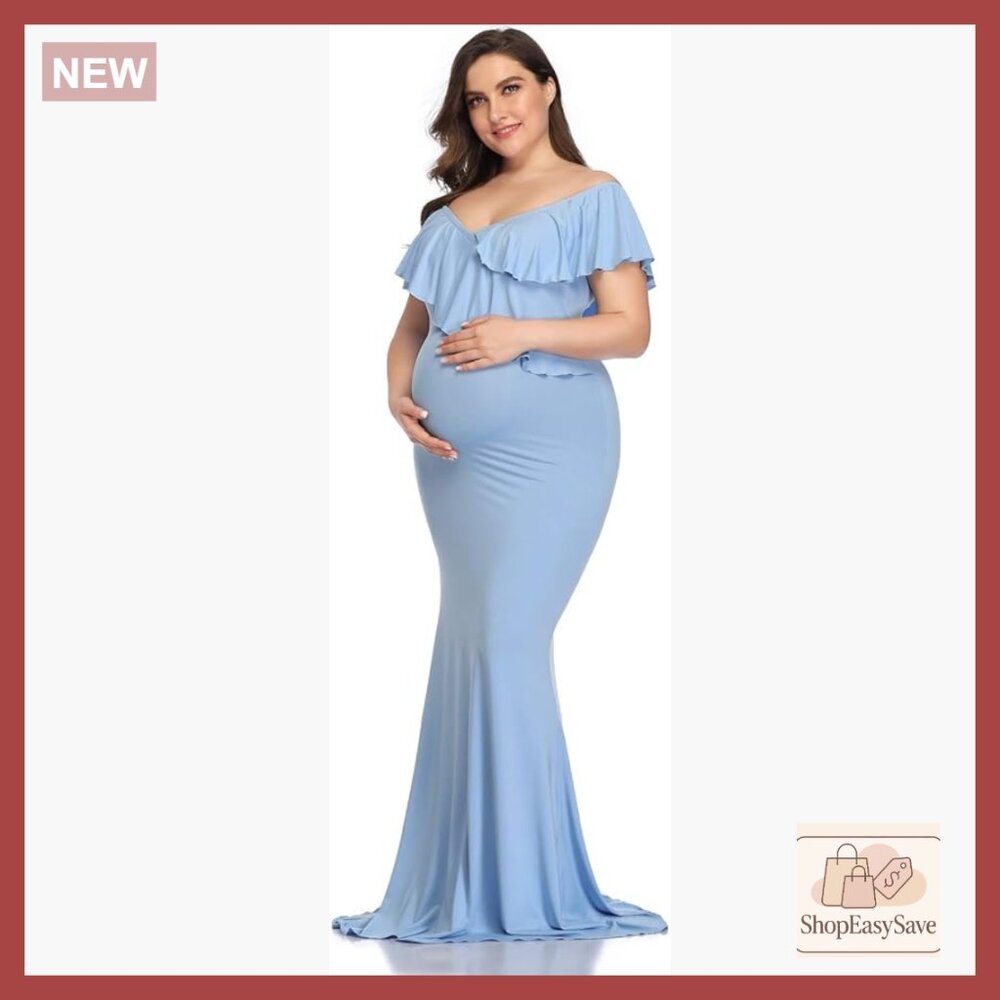 Maternity Maxi Dress Elegant Ruffle Off Shoulder Stretchy Photography Gown